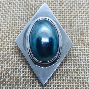 Vintage Sterling Silver Grayish/Blue Oval Mabe Pearl Brooch/Pendant